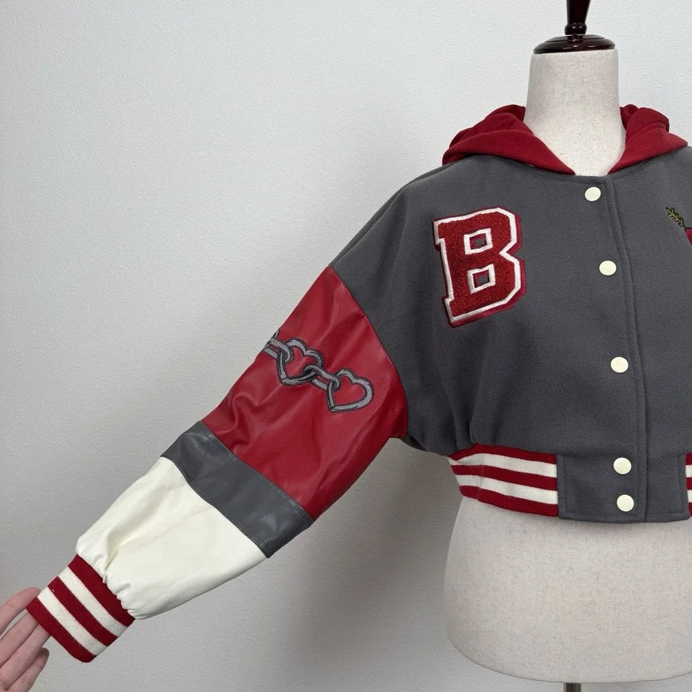 Forever 21 Varsity Jacket Womens Small Red Crop Baby Girl Y2K Bratz Streetwear - Picture 4 of 14